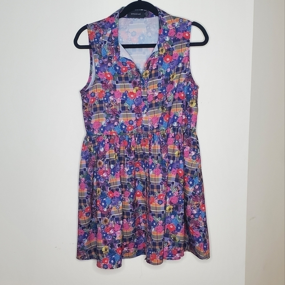 MINKPINK Floral Plaid Button Up Dress